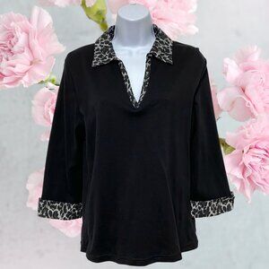 Karen Scott-Women's Petite Large Pullover Top Collared V-Neckline Animal Print